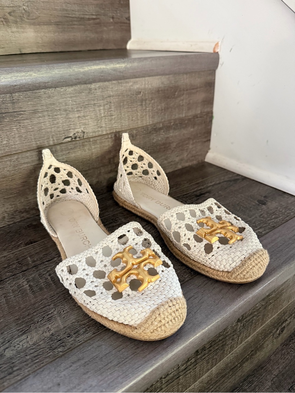 Tory Burch Cream Crochet Espadrille Flats with Gold Logo